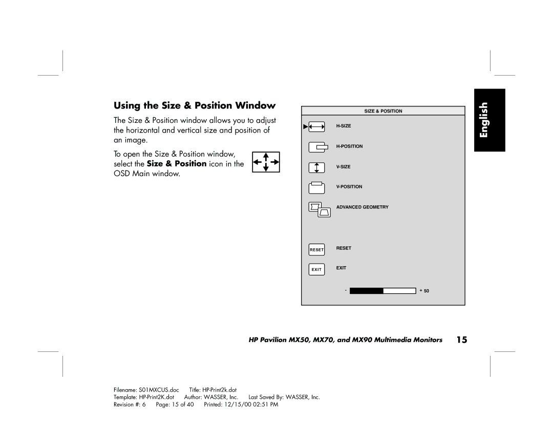 HP mx90 19 inch manual Using the Size & Position Window 