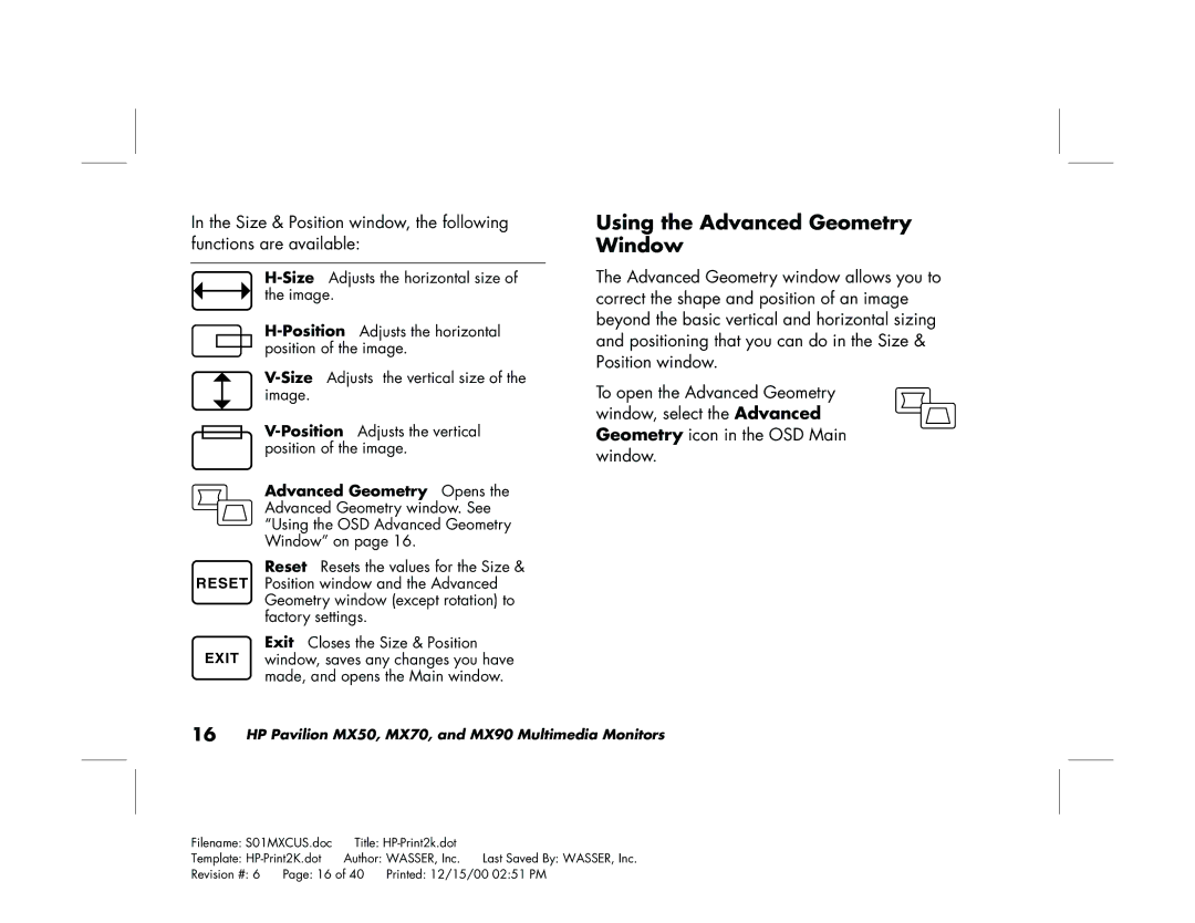 HP mx90 19 inch manual Using the Advanced Geometry Window 