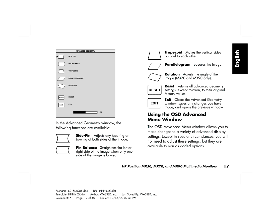 HP mx90 19 inch manual Using the OSD Advanced Menu Window 