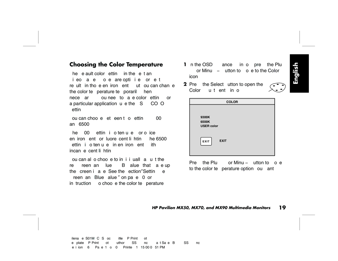 HP mx90 19 inch manual Choosing the Color Temperature 