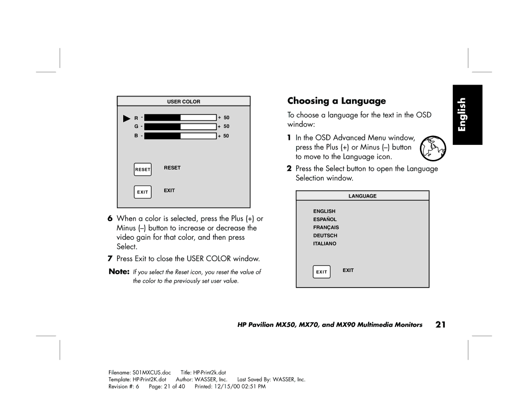 HP mx90 19 inch manual Choosing a Language 