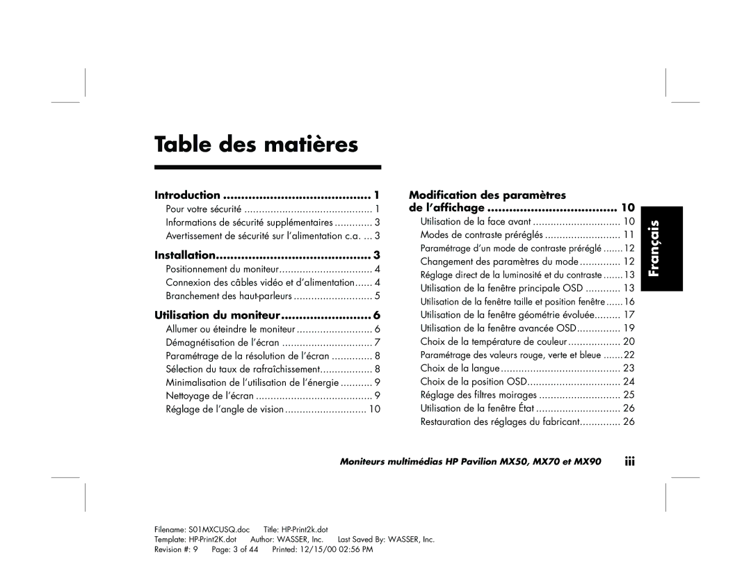 HP mx90 19 inch manual Table des matières 