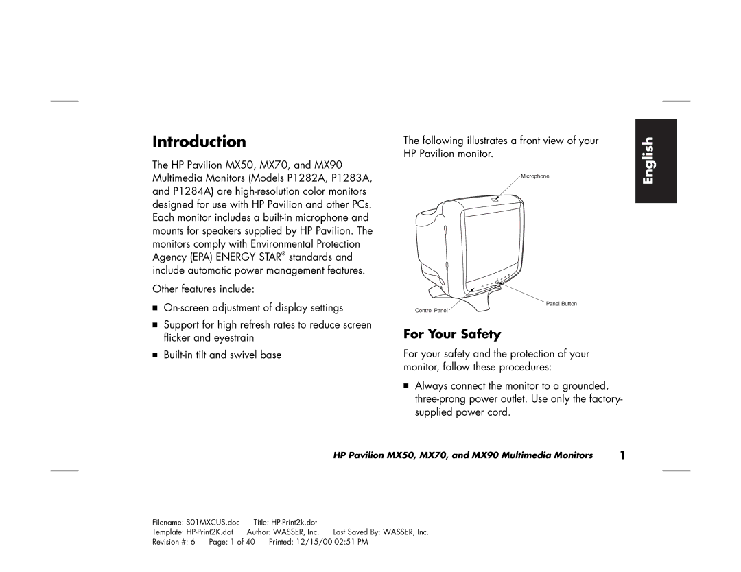 HP mx90 19 inch manual Introduction, For Your Safety 