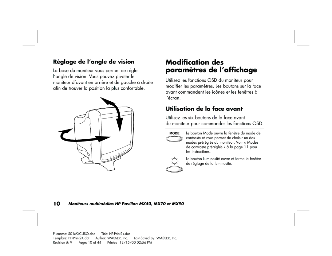 HP mx90 19 inch Modification des Paramètres de l’affichage, Réglage de l’angle de vision, Utilisation de la face avant 