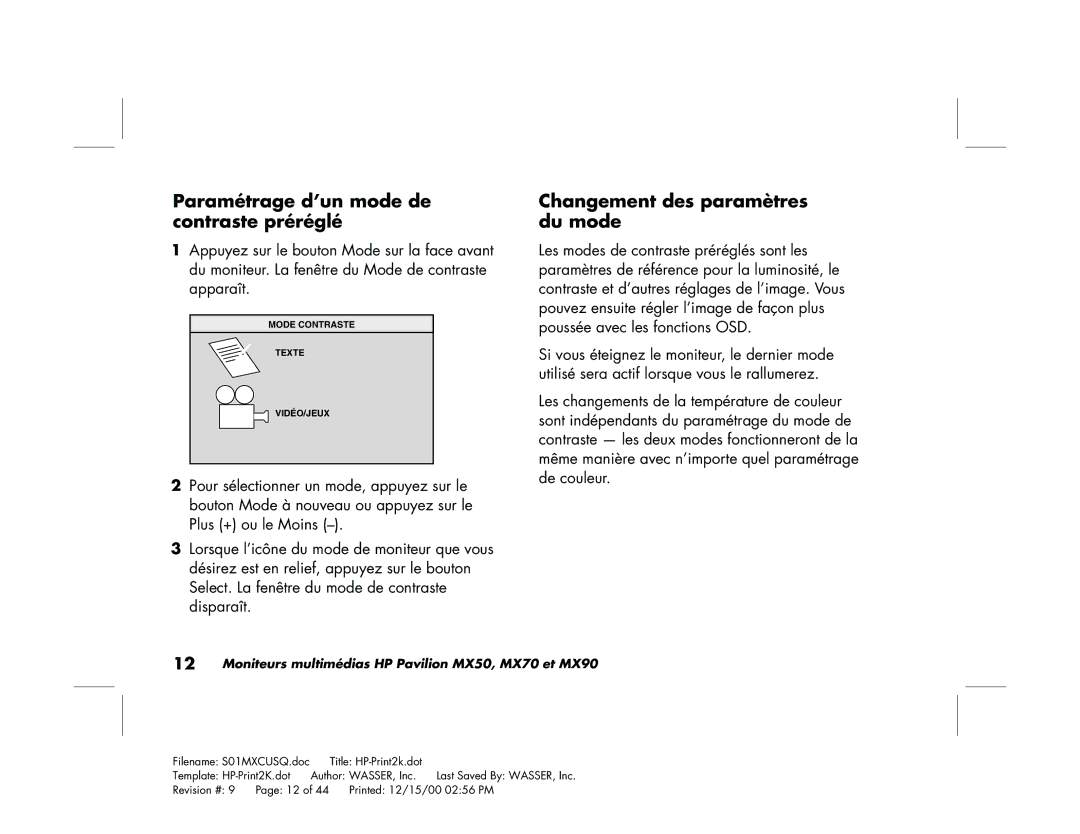 HP mx90 19 inch manual Paramétrage d’un mode de contraste préréglé, Changement des paramètres du mode 