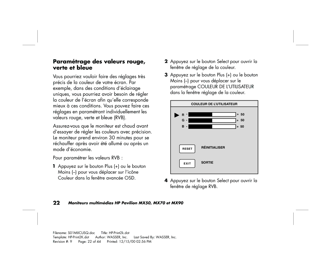 HP mx90 19 inch manual Paramétrage des valeurs rouge, verte et bleue 