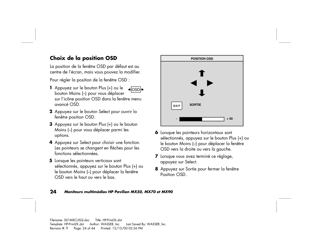 HP mx90 19 inch manual Choix de la position OSD 