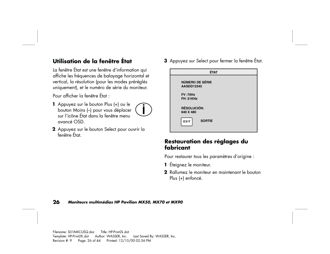 HP mx90 19 inch manual Utilisation de la fenêtre État, Restauration des réglages du fabricant 