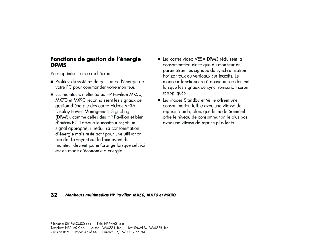 HP mx90 19 inch manual Fonctions de gestion de l’énergie, Dpms 