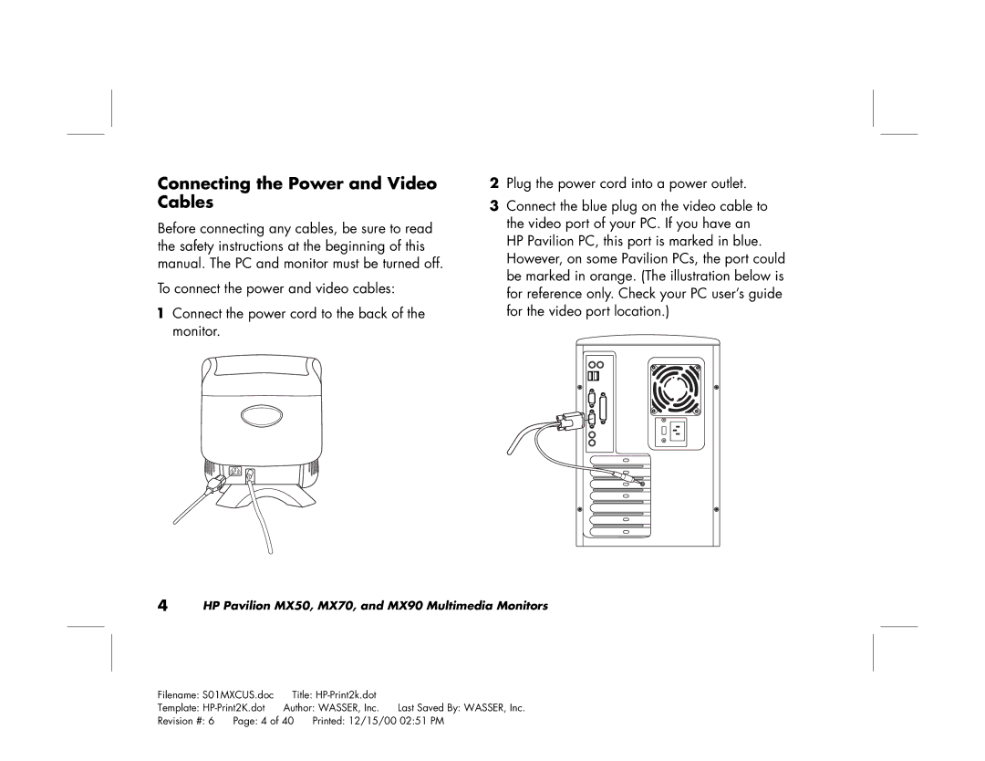 HP mx90 19 inch manual Connecting the Power and Video Cables 