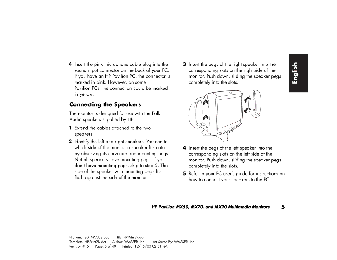 HP mx90 19 inch manual Connecting the Speakers 