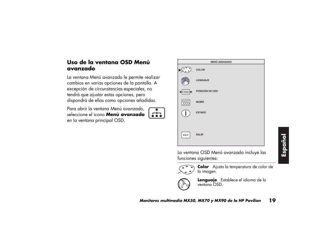 HP MX70, MX90 manual Uso de la ventana OSD Menú avanzado 
