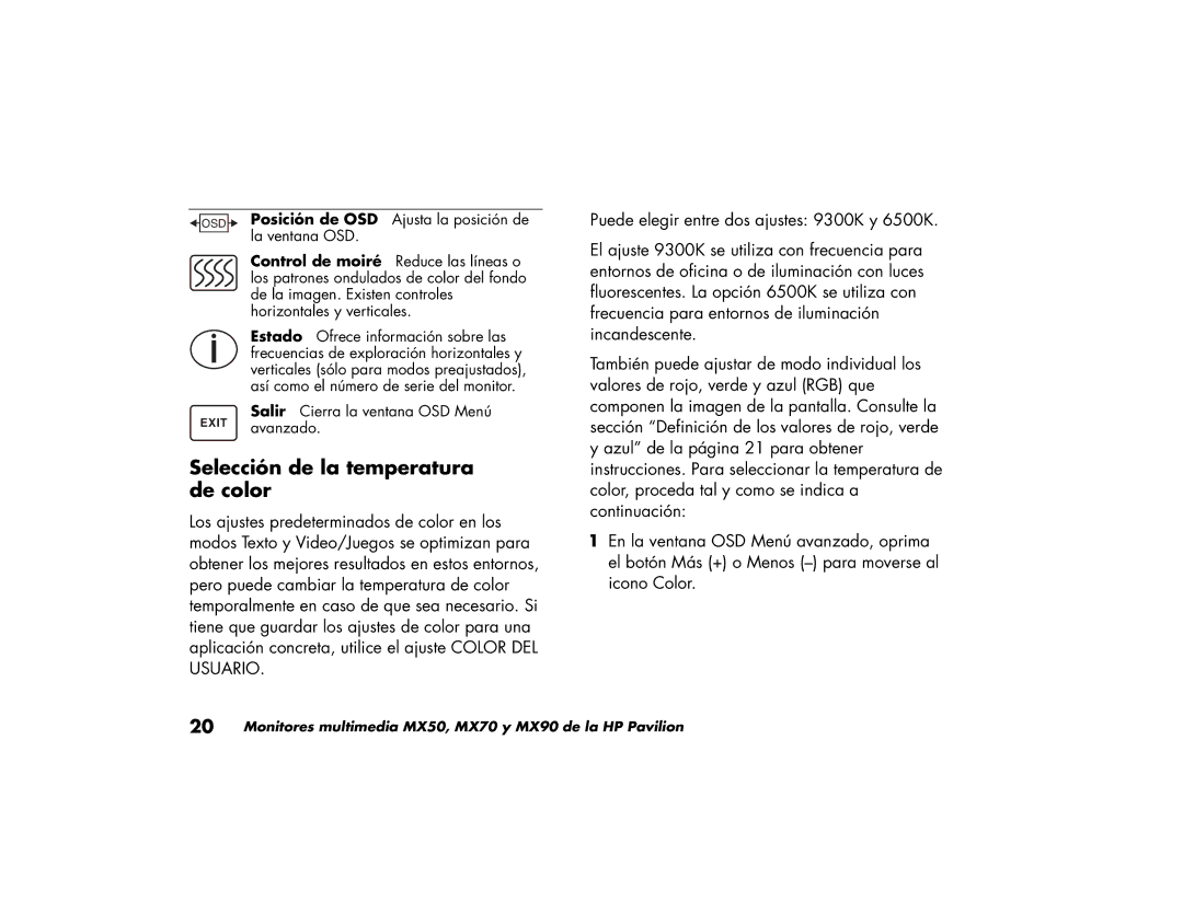 HP MX90, MX70 manual Selección de la temperatura de color, Posición de OSD, Control de moiré 