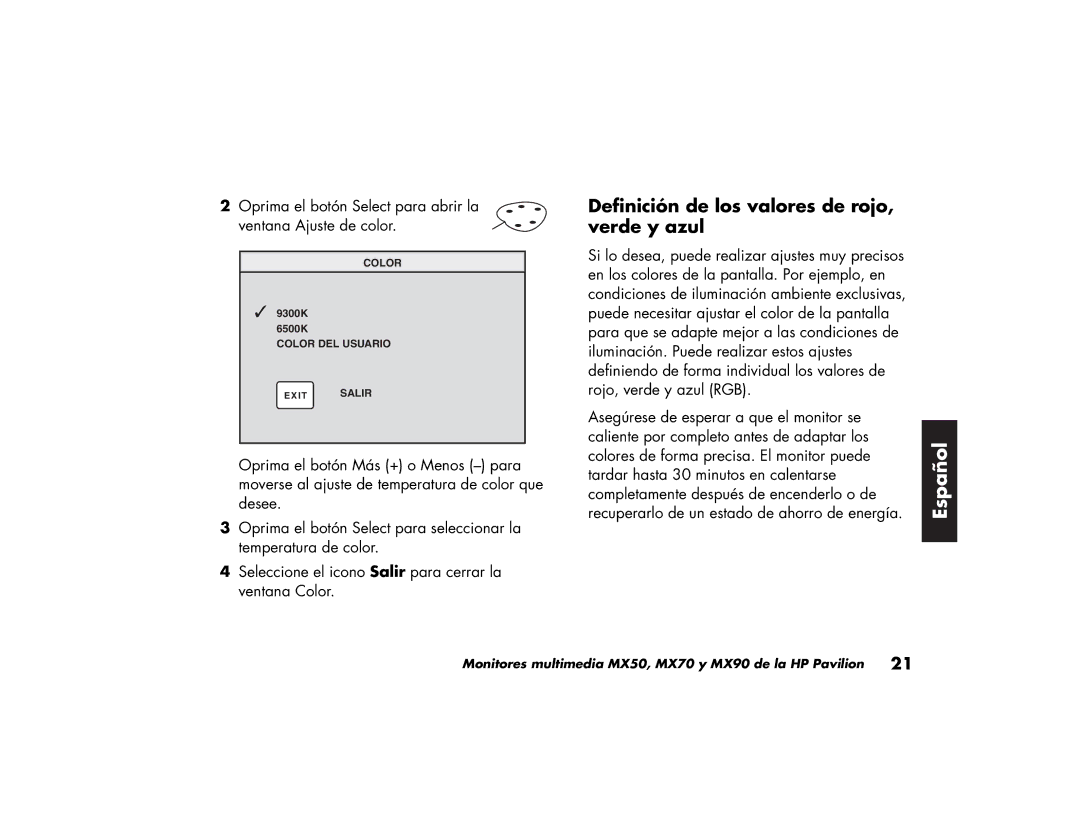 HP MX70, MX90 manual Definición de los valores de rojo, verde y azul 