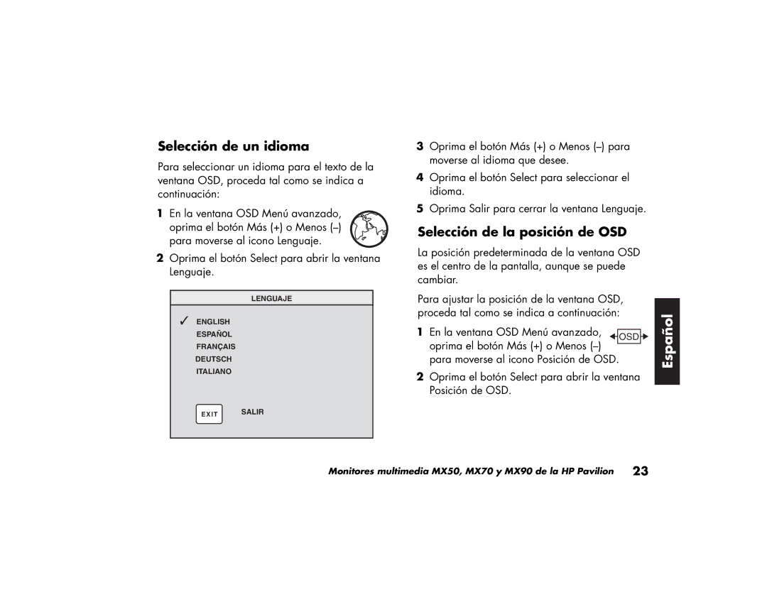 HP MX70, MX90 manual Selección de un idioma, Selección de la posición de OSD 