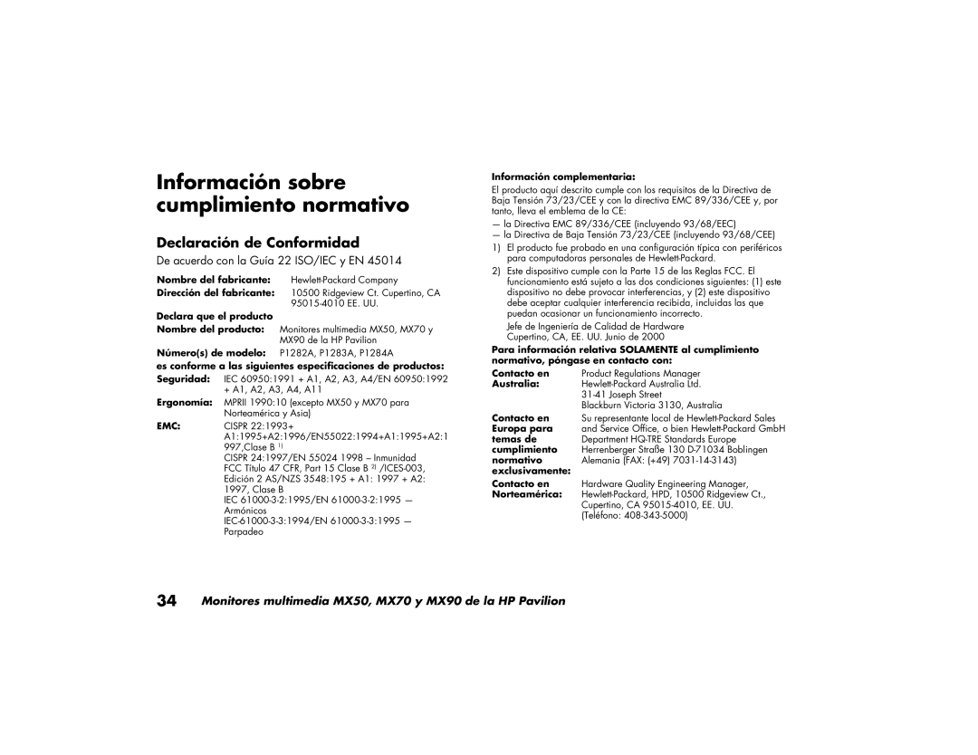 HP MX90, MX70 manual Información sobre cumplimiento normativo, Declaración de Conformidad 