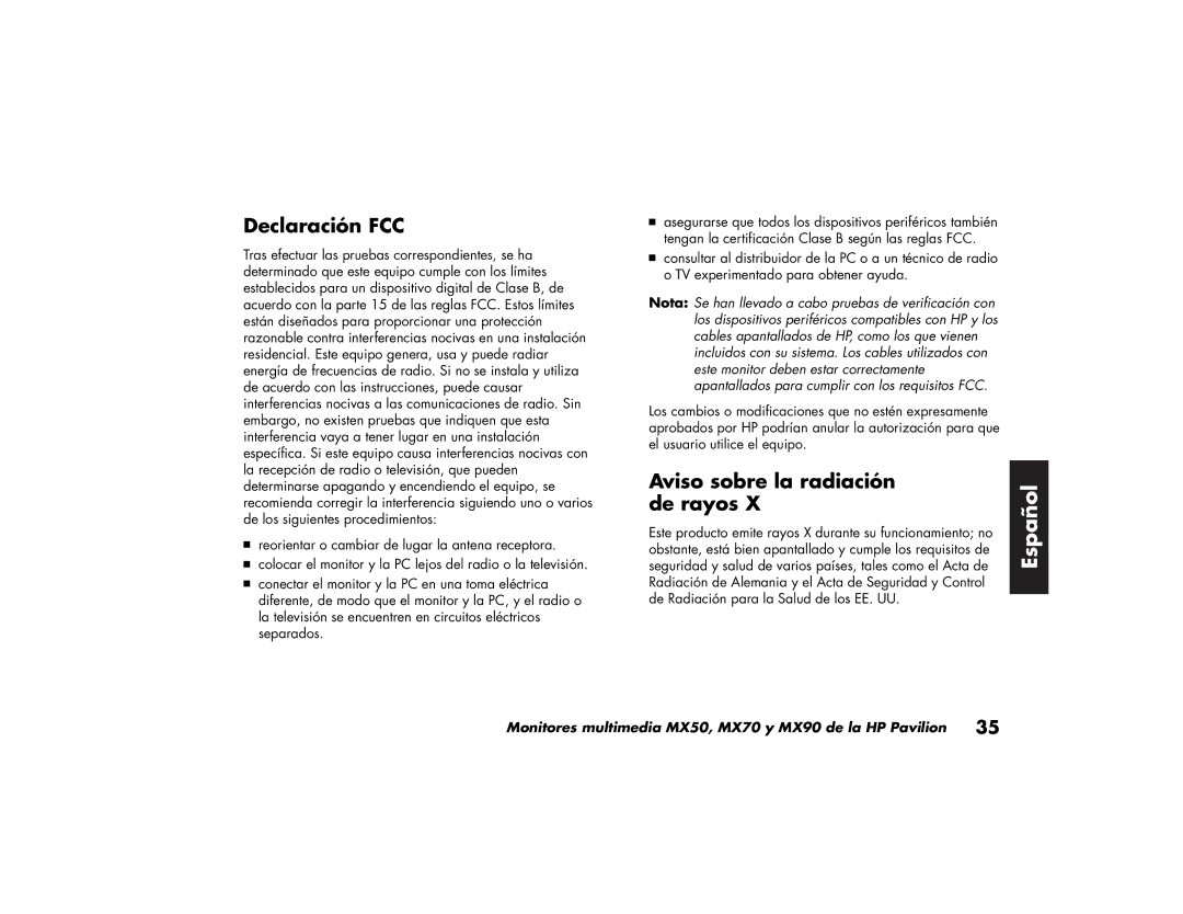 HP MX70, MX90 manual Declaración FCC, Aviso sobre la radiación de rayos 