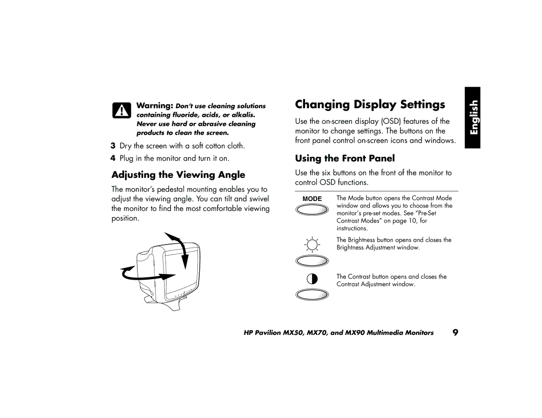 HP MX70, MX90 manual Changing Display Settings, Adjusting the Viewing Angle, Using the Front Panel 