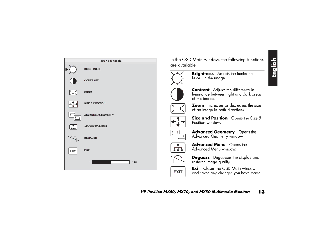 HP MX70, MX90 manual Size and Position Opens the Size, Advanced Geometry Opens, Advanced Menu Opens 