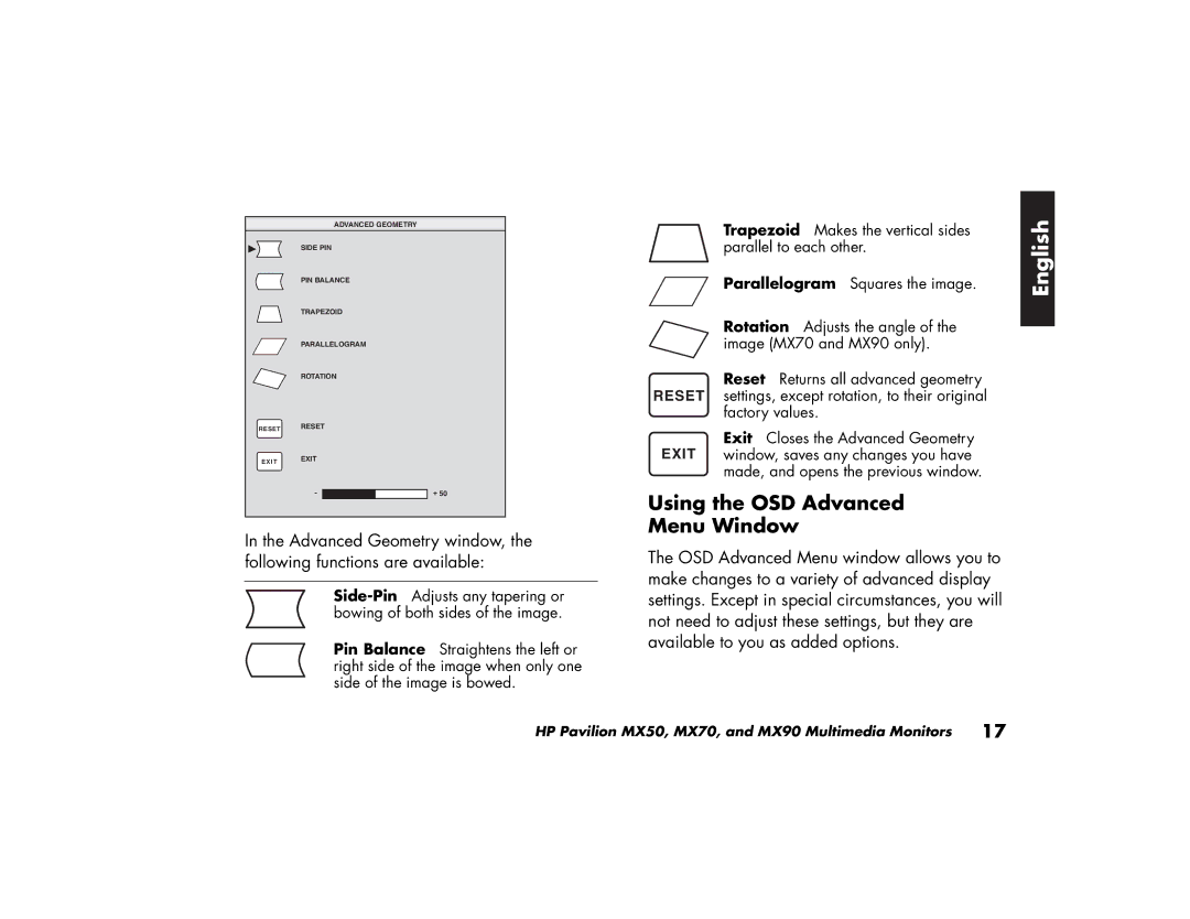 HP MX70, MX90 manual Using the OSD Advanced Menu Window 