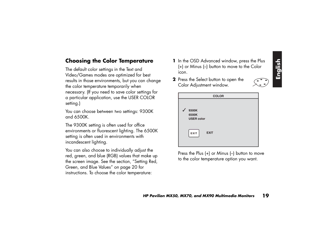 HP MX70, MX90 manual Choosing the Color Temperature 