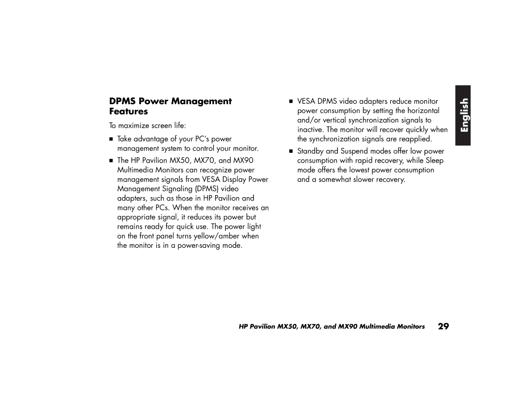 HP MX70, MX90 manual Dpms Power Management Features 