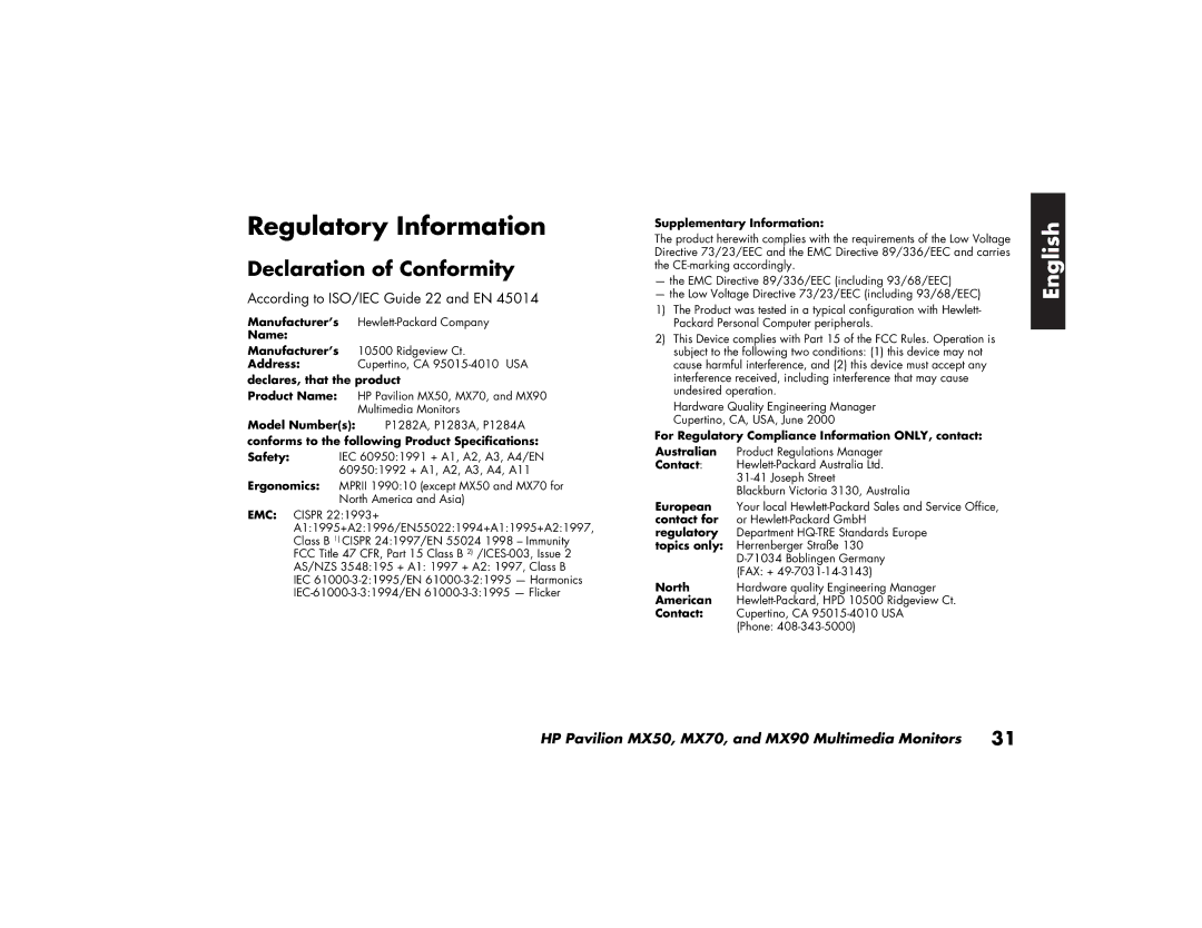 HP MX70, MX90 manual Regulatory Information, Declaration of Conformity 