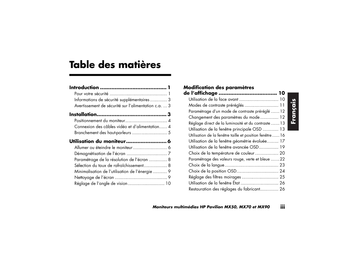 HP MX70, MX90 manual Table des matières 