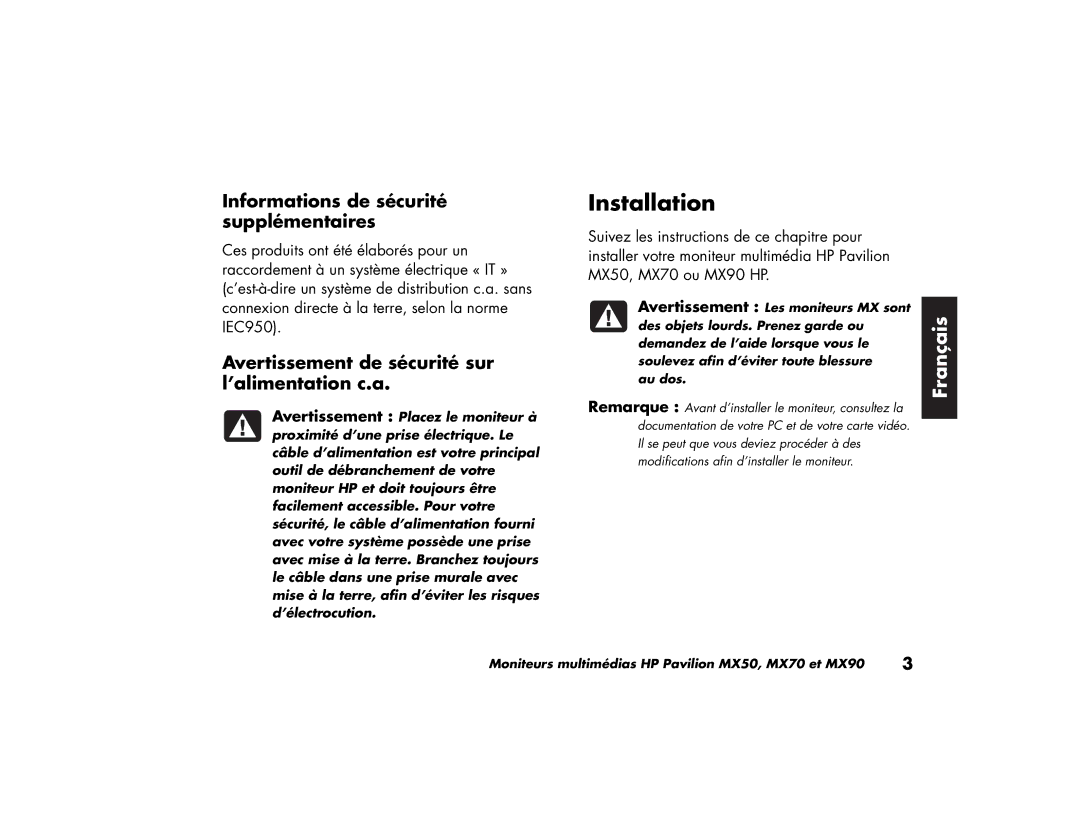 HP MX70, MX90 manual Informations de sécurité supplémentaires, Avertissement de sécurité sur l’alimentation c.a 