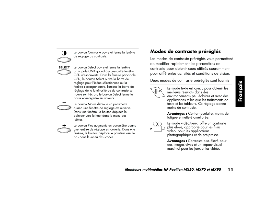 HP MX70, MX90 manual Modes de contraste préréglés, Deux modes de contraste préréglés sont fournis 