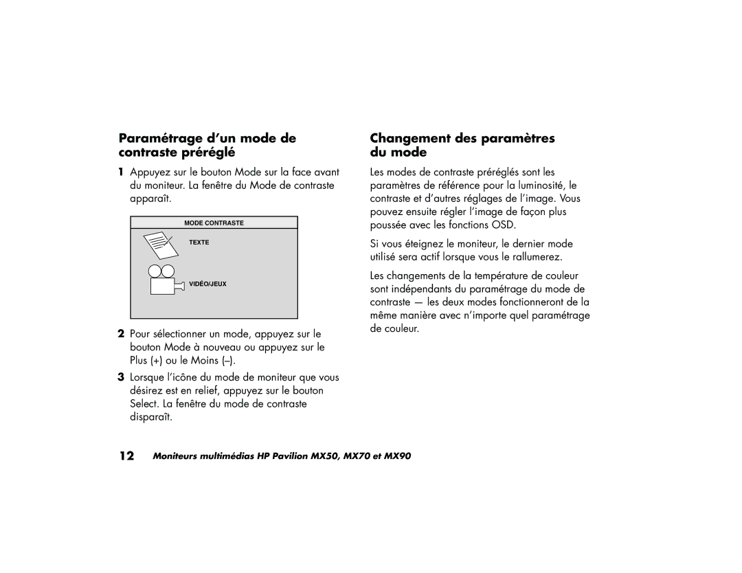 HP MX90, MX70 manual Paramétrage d’un mode de contraste préréglé, Changement des paramètres du mode 