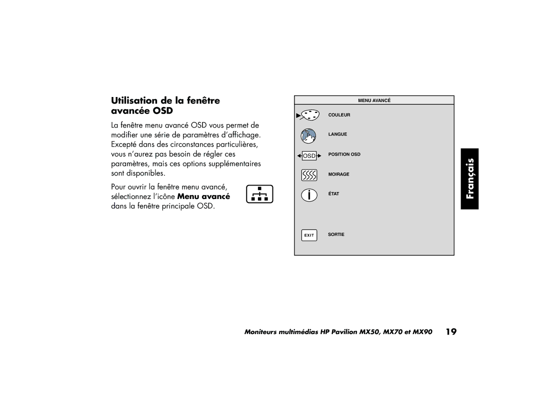 HP MX70, MX90 manual Utilisation de la fenêtre avancée OSD 