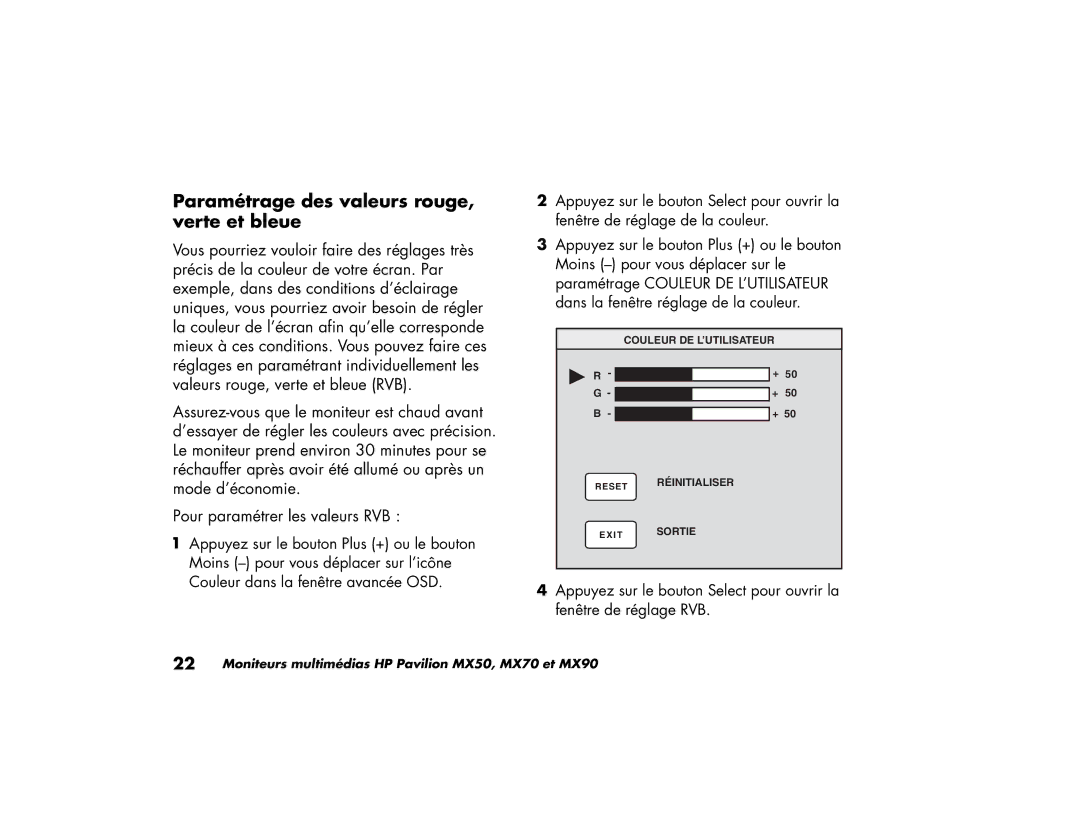 HP MX90, MX70 manual Paramétrage des valeurs rouge, verte et bleue 