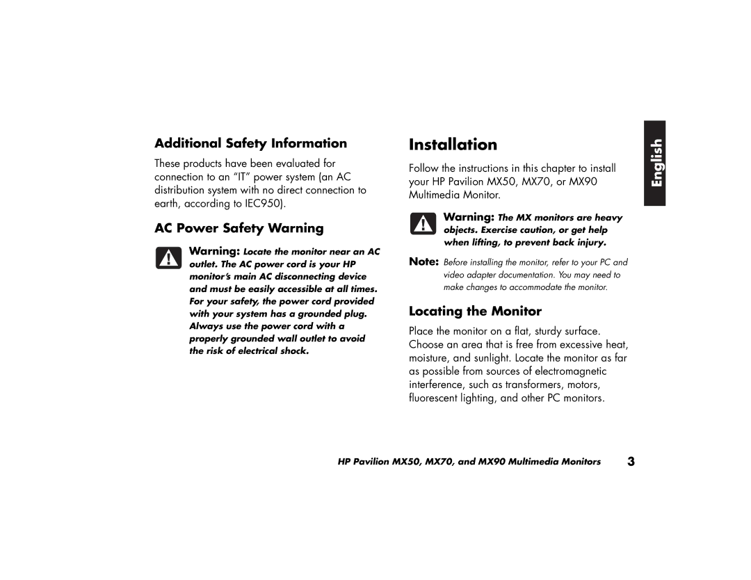 HP MX70, MX90 manual Installation, Additional Safety Information, AC Power Safety Warning, Locating the Monitor 