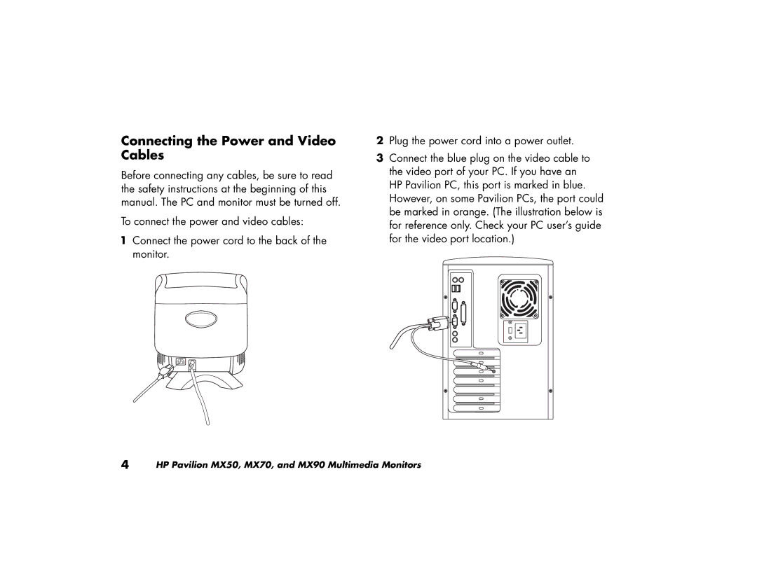 HP MX90, MX70 manual Connecting the Power and Video Cables 