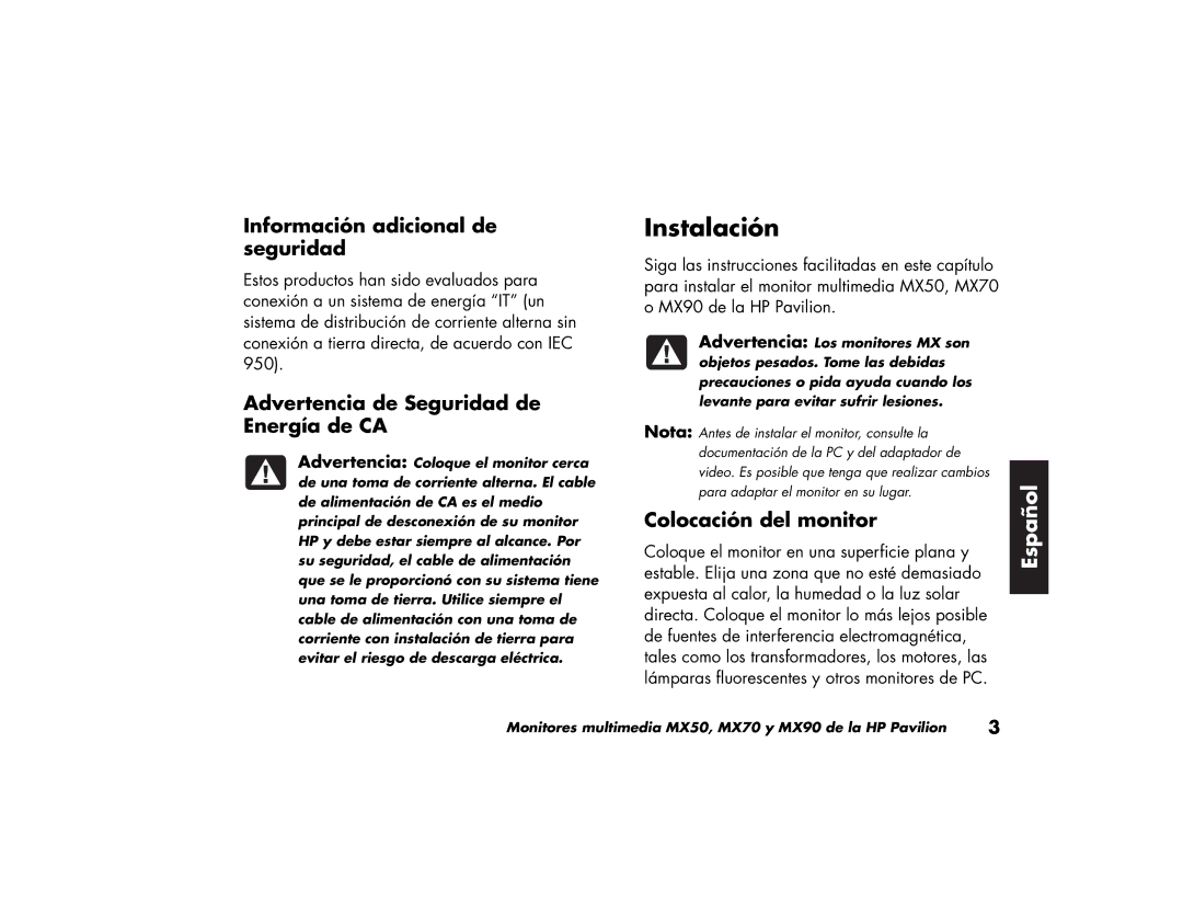 HP MX70 Instalación, Información adicional de seguridad, Advertencia de Seguridad de Energía de CA, Colocación del monitor 