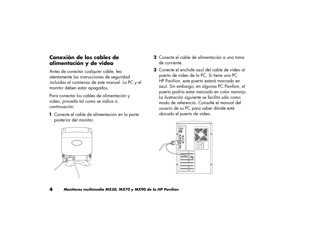 HP MX90, MX70 manual Conexión de los cables de alimentación y de video 