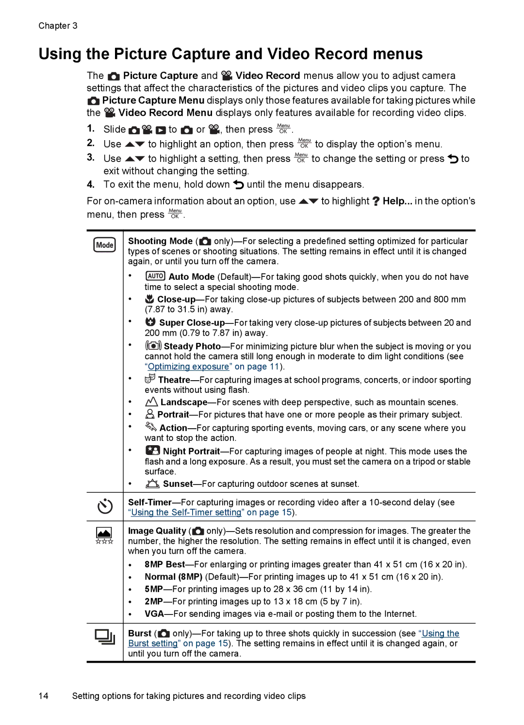 HP Mz67 manual Using the Picture Capture and Video Record menus 