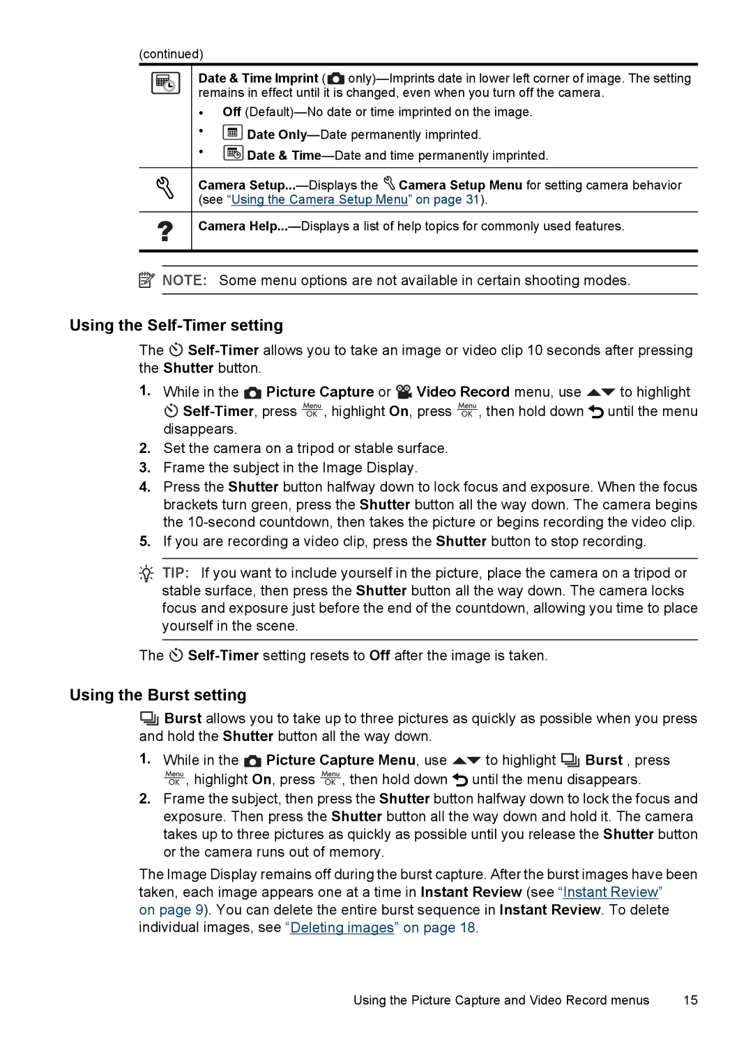 HP Mz67 manual Using the Self-Timer setting, Using the Burst setting 