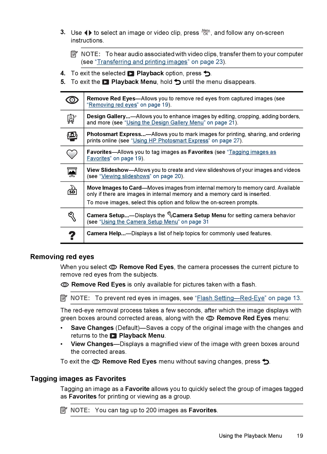 HP Mz67 manual Removing red eyes, Tagging images as Favorites 