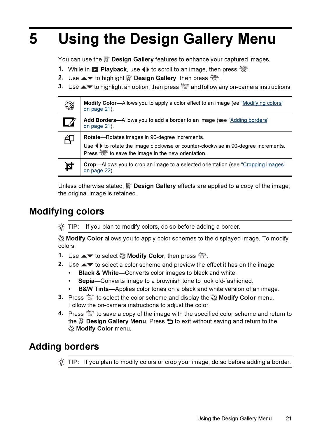 HP Mz67 manual Using the Design Gallery Menu, Modifying colors, Adding borders, Modify Color menu 