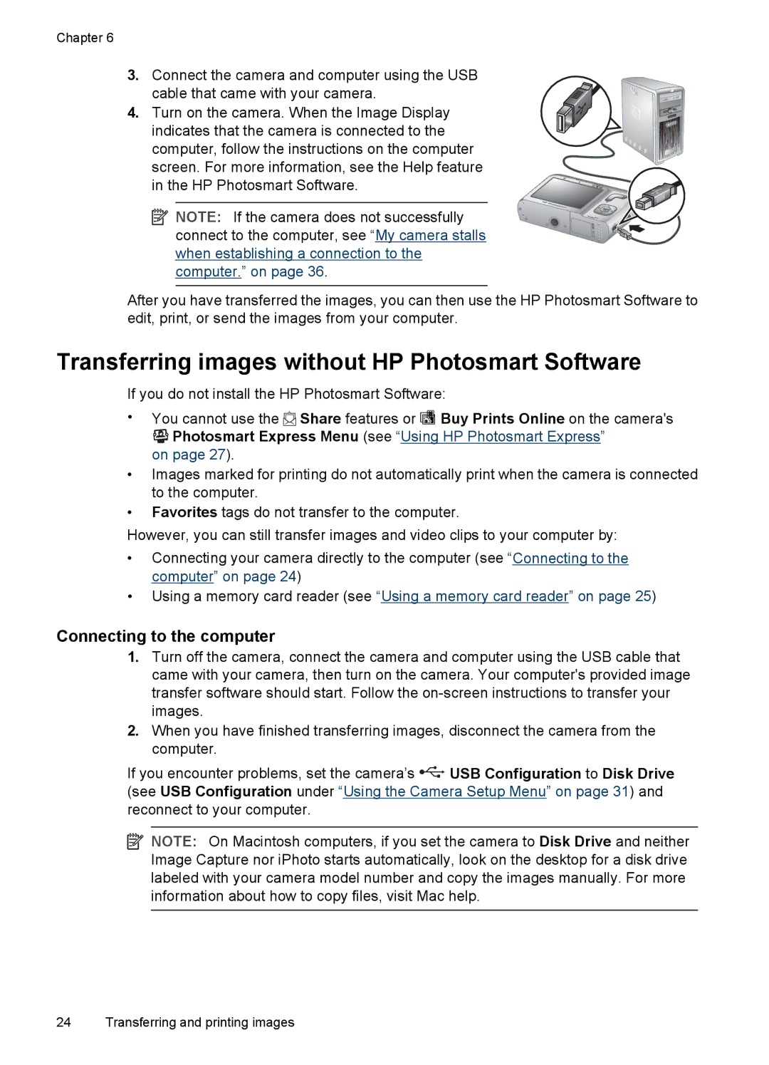 HP Mz67 manual Transferring images without HP Photosmart Software, Connecting to the computer 