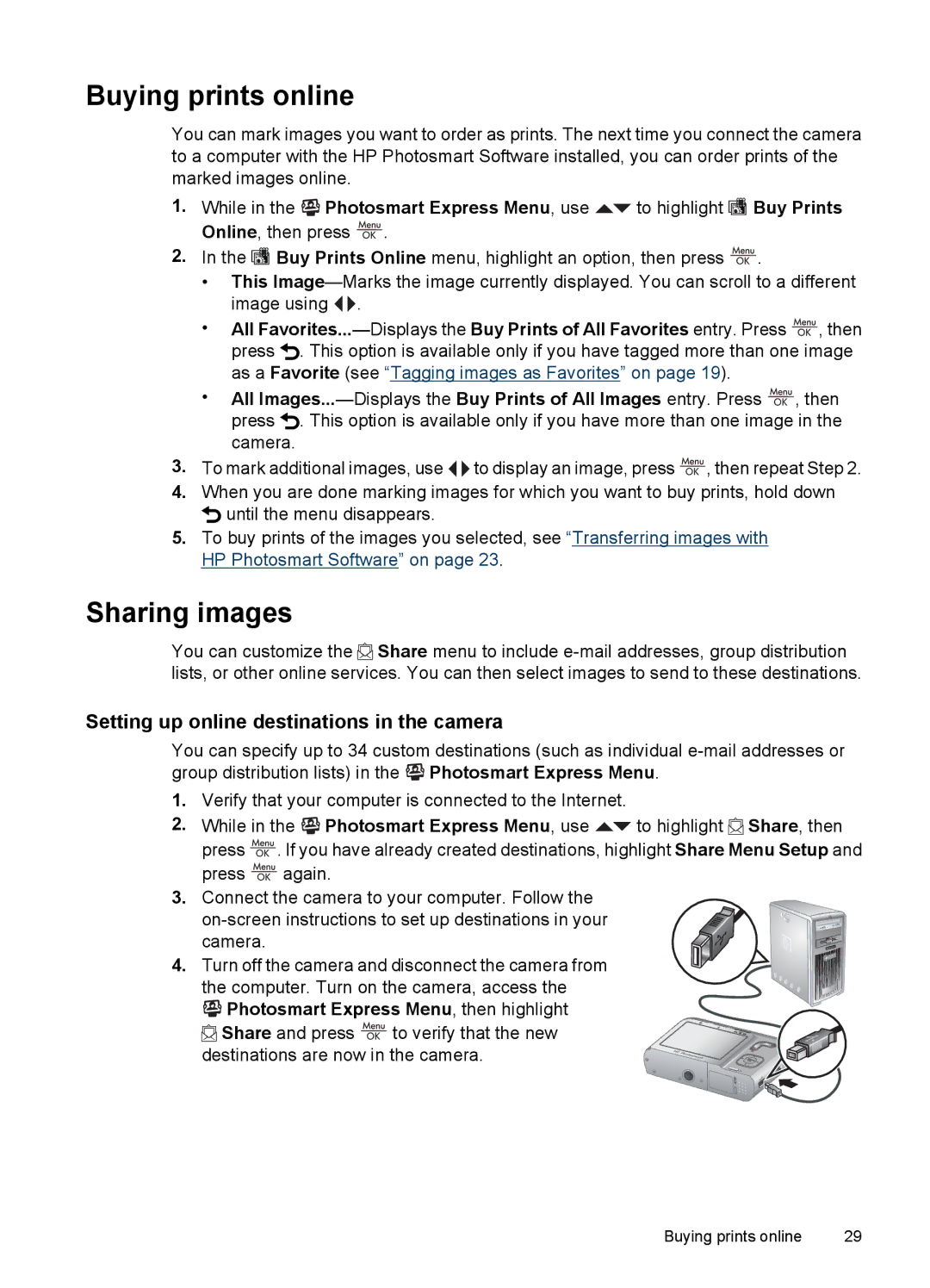 HP Mz67 manual Buying prints online, Sharing images, Setting up online destinations in the camera 