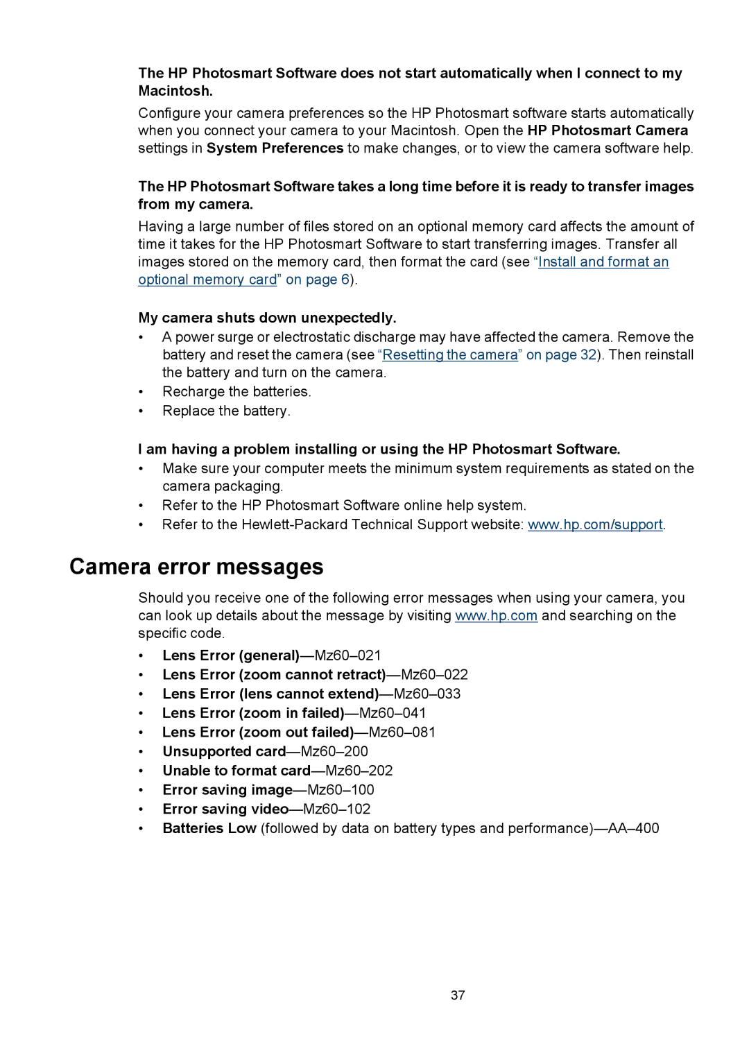 HP Mz67 manual Camera error messages, My camera shuts down unexpectedly 