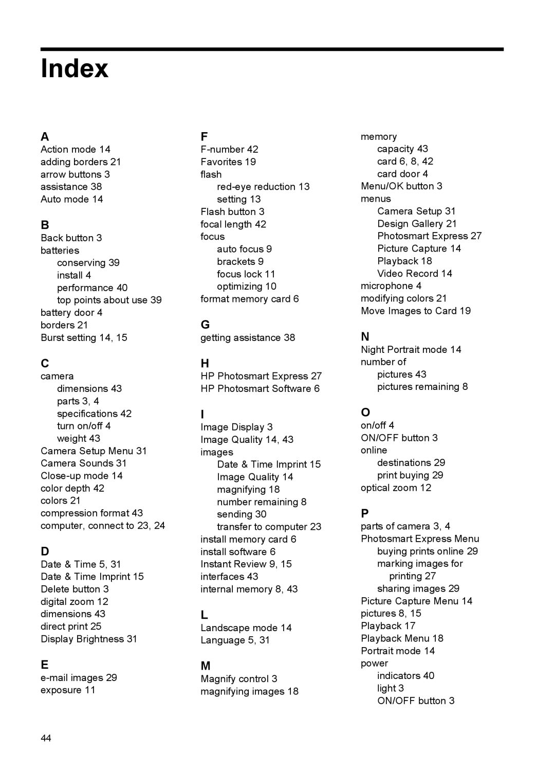 HP Mz67 manual Index 