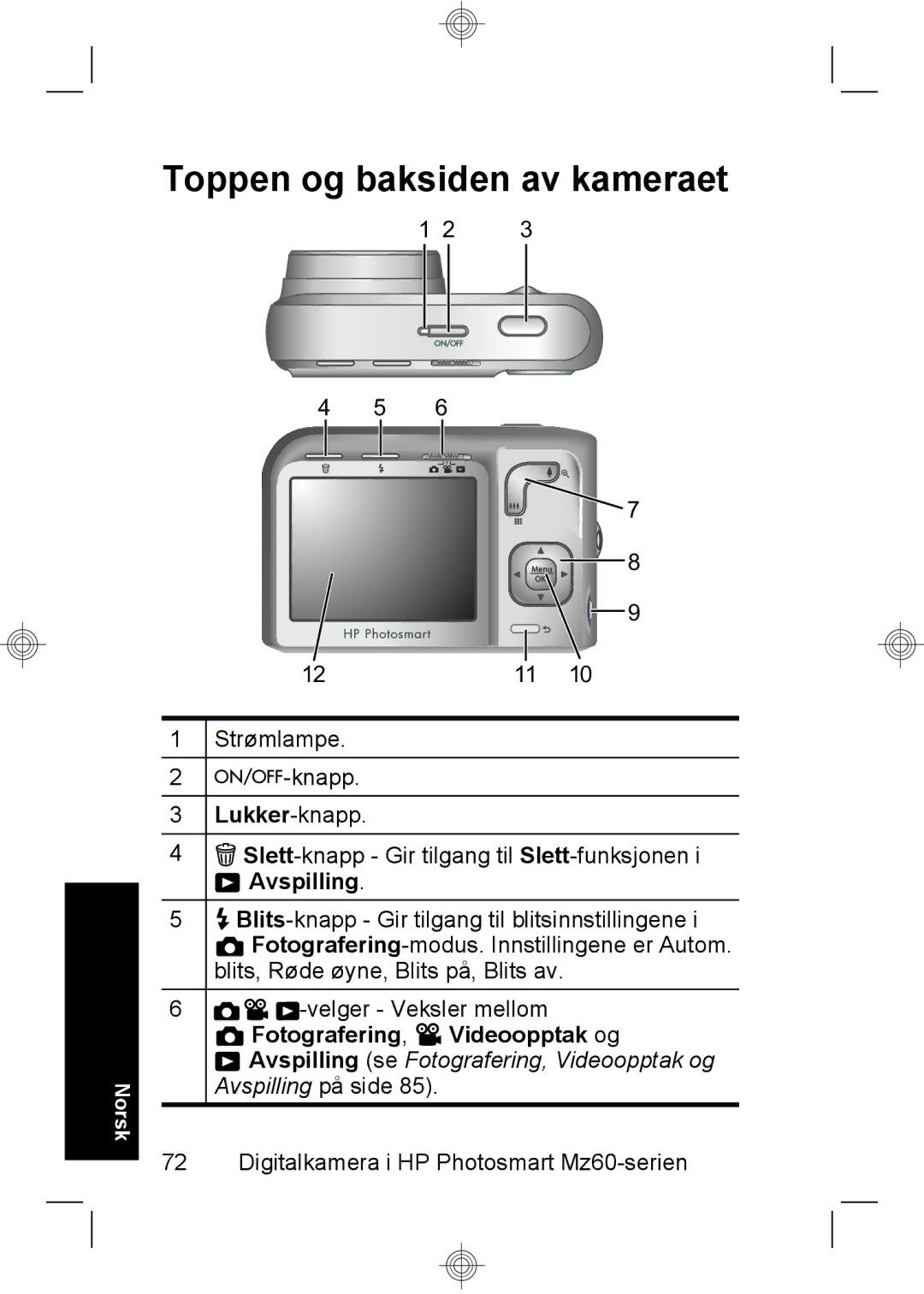 HP Mz67 manual Toppen og baksiden av kameraet, Avspilling, Fotografering Videoopptak og 