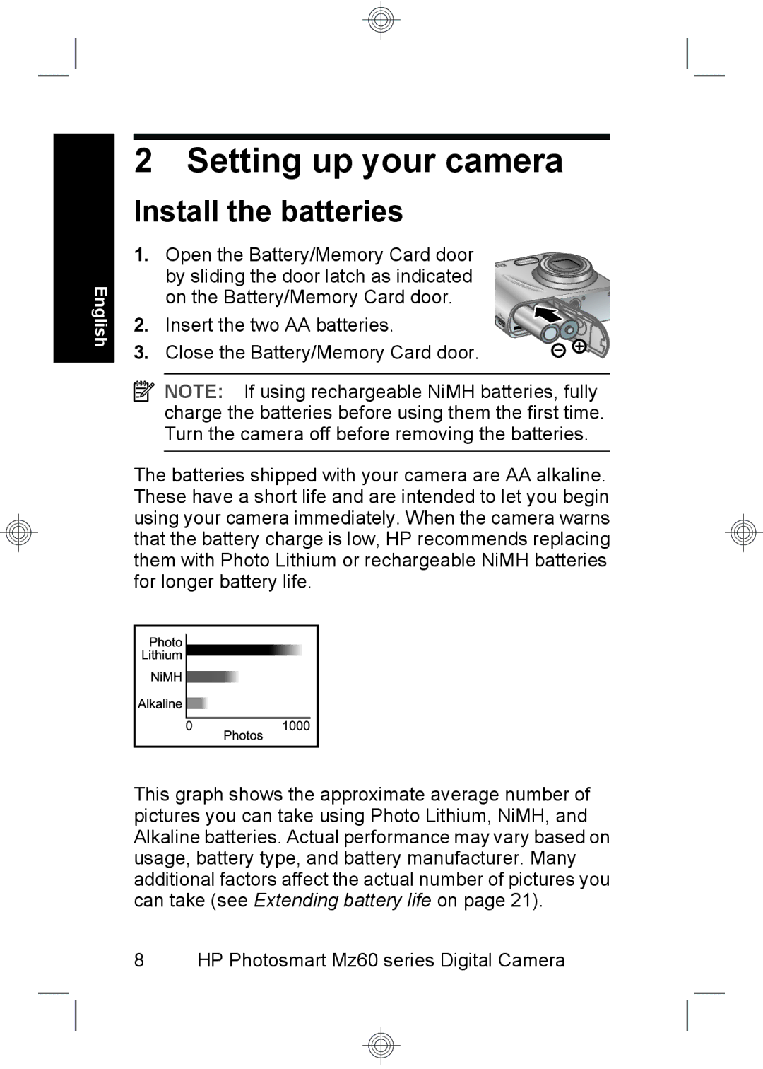 HP Mz67 manual Setting up your camera, Install the batteries 