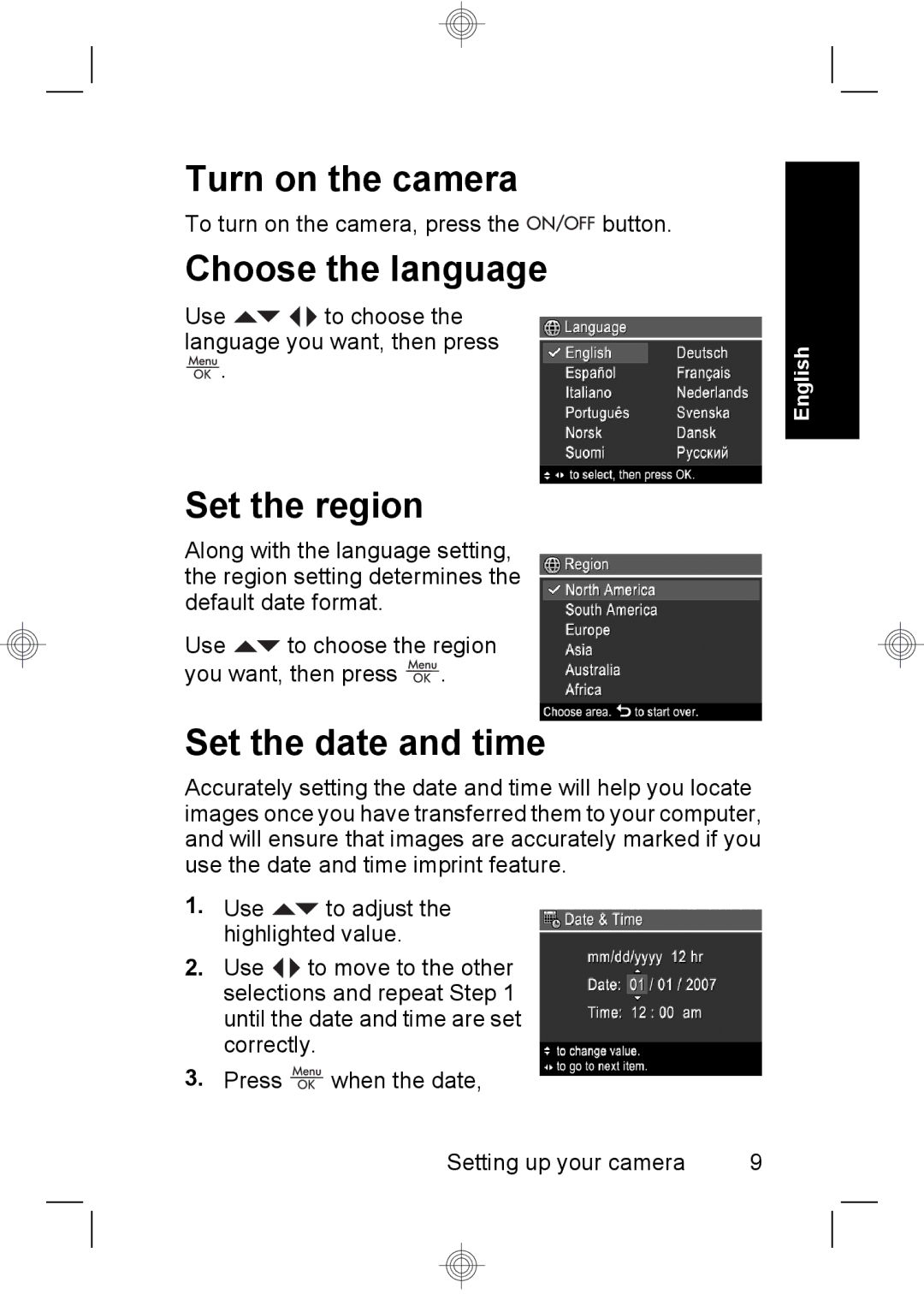 HP Mz67 manual Turn on the camera, Choose the language, Set the region, Set the date and time 