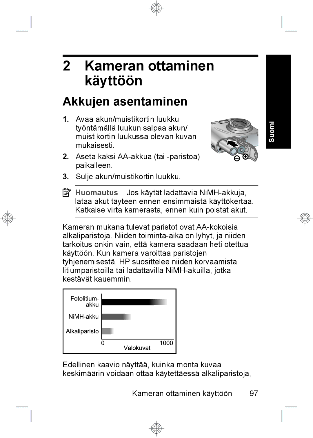 HP Mz67 manual Kameran ottaminen käyttöön, Akkujen asentaminen 