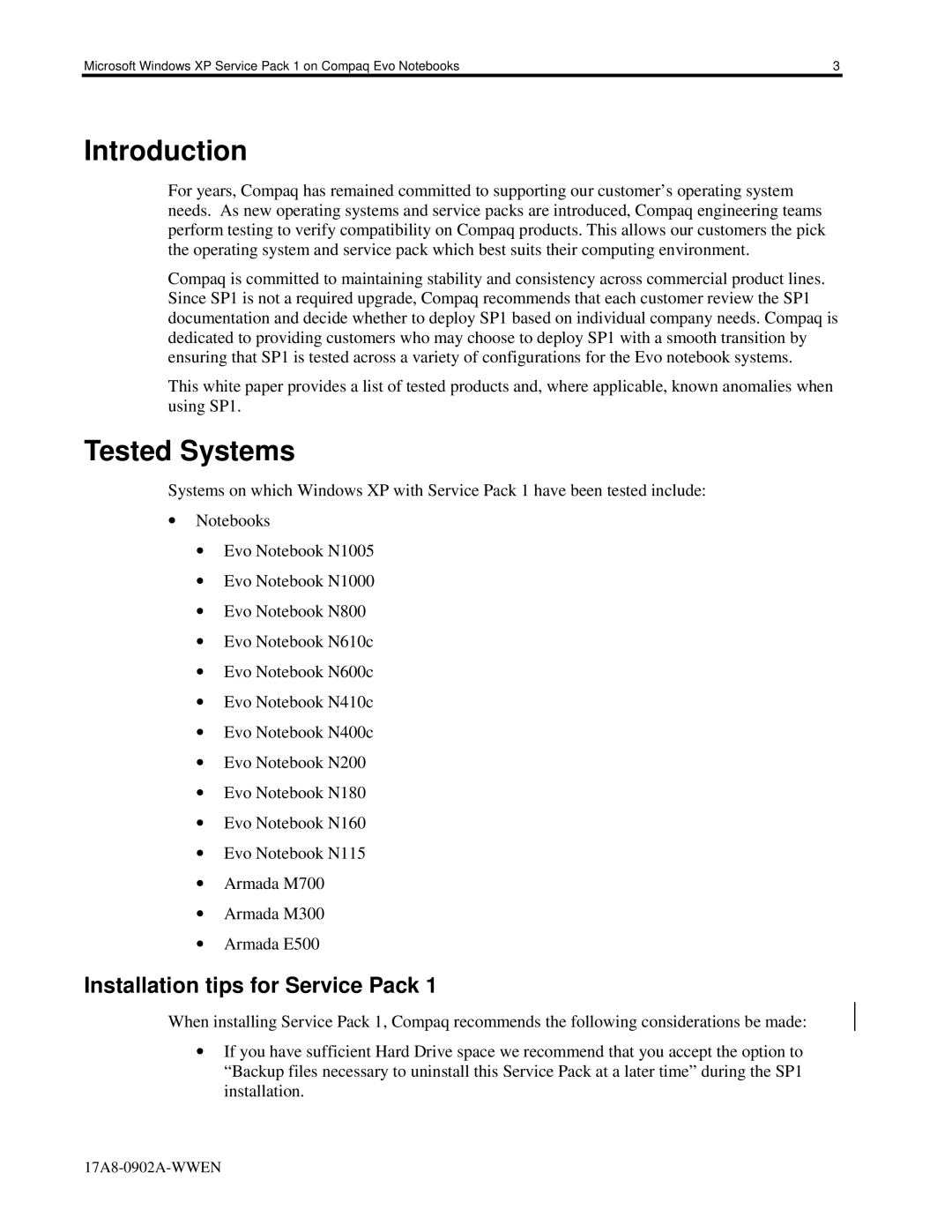 HP n115 manual Introduction, Tested Systems, Installation tips for Service Pack 